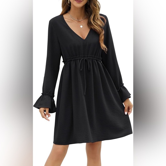 Womens V Neck Long Sleeve Dress Ruffle Tie Waist Drawstring Flowy Mini Dress 2X - Picture 4 of 8